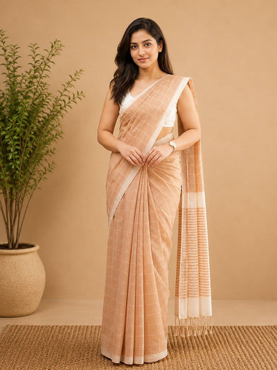Vasudha Khadi Cotton Handloom Saree Peach