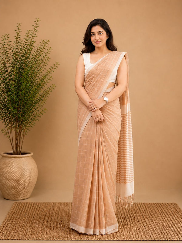 Indiehaat | Peach Khadi Cotton Handloom Saree