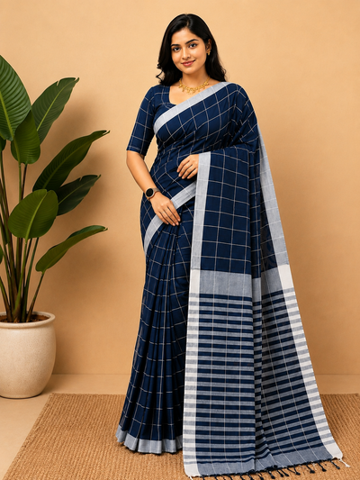 Vasudha Khadi Cotton Handloom Saree Navy Blue