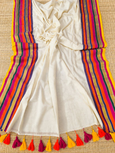 Charita Pure Handloom Mul Cotton Saree Off White