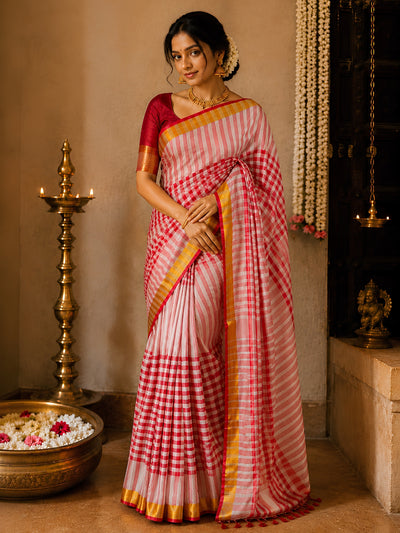 Zari Manjari Mul Cotton Handloom Saree Red & White