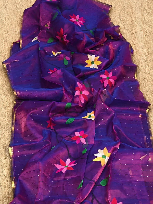 Indiehaat | Purple Muslin Silk Jamdani Saree