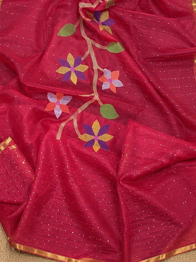 Indiehaat | Pink Muslin Silk Jamdani Saree