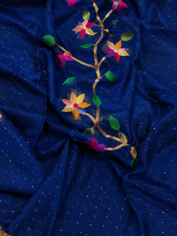 Indiehaat | Blue Muslin Silk Jamdani Saree