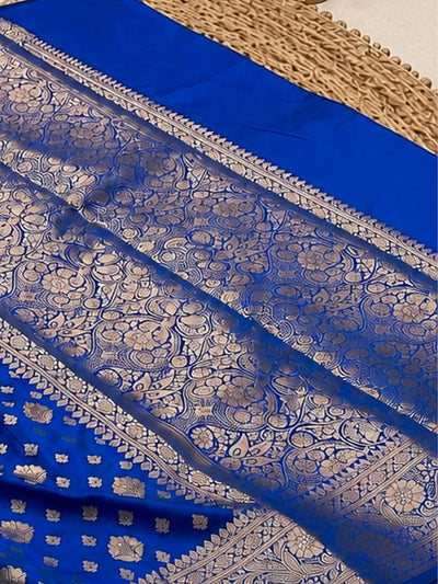Indiehaat | Blue Katan Silk Saree | Brocade Weaving