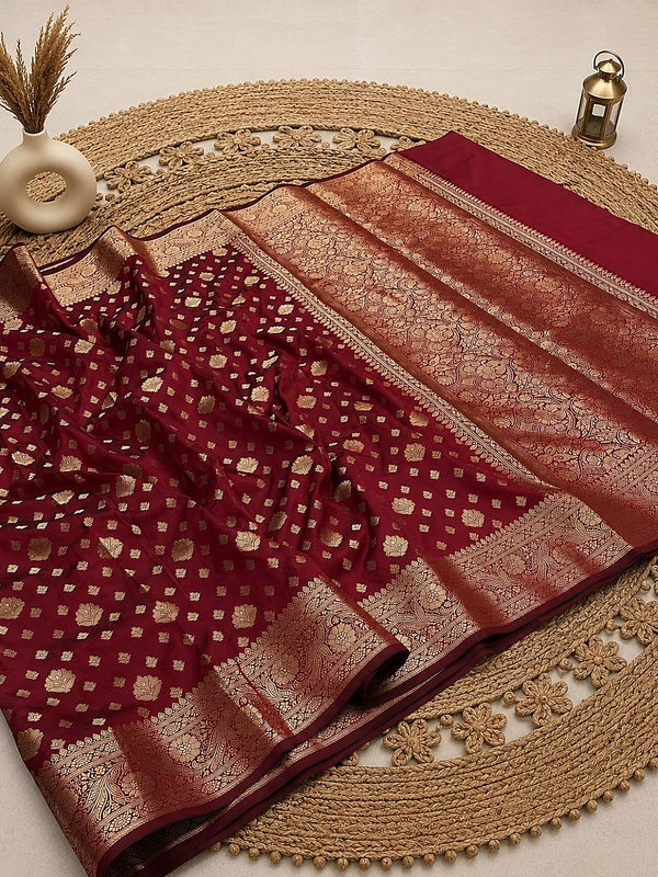 Indiehaat | Maroon Katan Silk Saree | Brocade Weaving