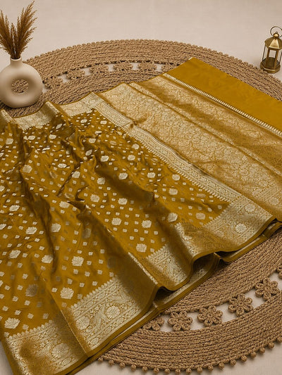 Indiehaat | Yellow Katan Silk Saree | Brocade Weaving