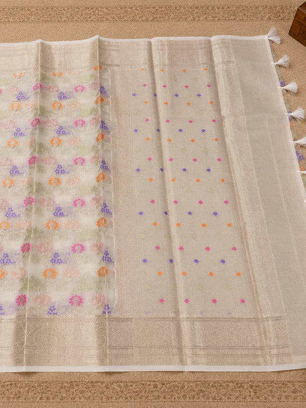Indiehaat | White Kora Banarasi Saree | Jamdani