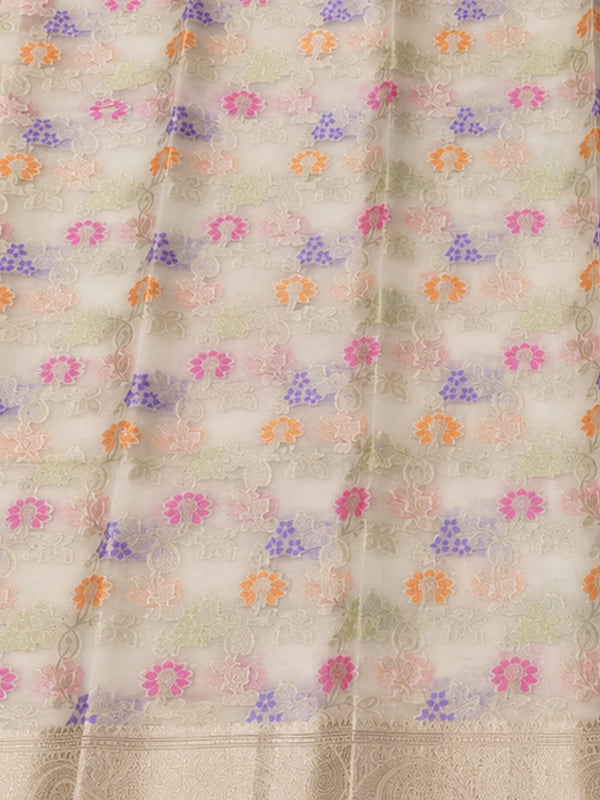 Indiehaat | White Kora Banarasi Saree | Jamdani