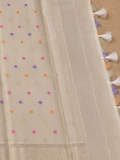 Indiehaat | White Kora Banarasi Saree | Jamdani