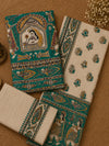 Hastakala Khadi Cotton Madhubani Suit Set (T+B+D) Teal Green