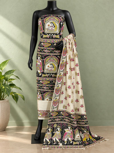 Hastakala Khadi Cotton Madhubani Suit Set (T+B+D) Jet Black
