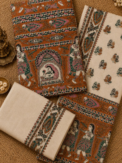 Hastakala Khadi Cotton Madhubani Suit Set (T+B+D) Rust