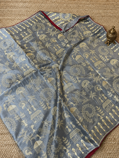 Indiehaat | Silkmark Certified Tussar Silk Embroidered Saree Gray