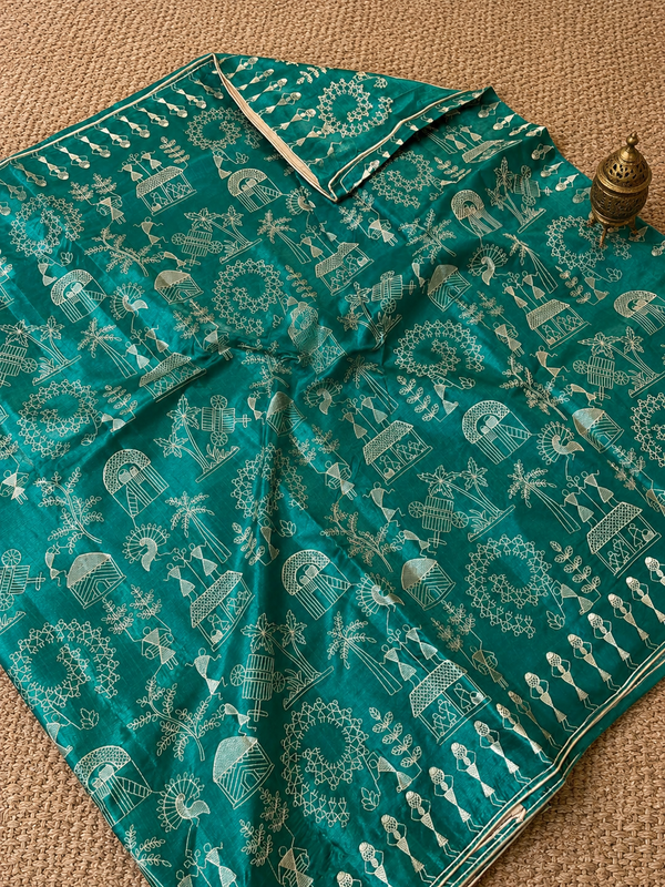 Indiehaat | Silkmark Certified Tussar Silk Embroidered Saree Green