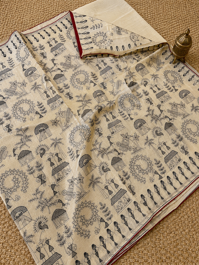 Indiehaat | Silkmark Certified Tussar Silk Embroidered Saree Cream
