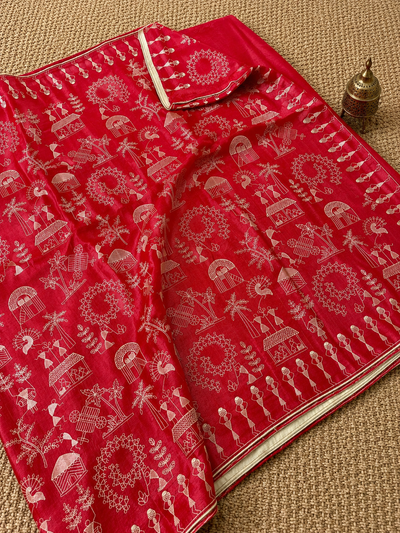Indiehaat | Silkmark Certified Tussar Silk Embroidered Saree Red