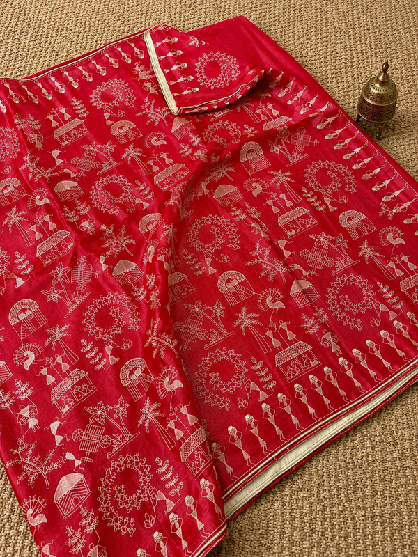 Indiehaat | Silkmark Certified Tussar Silk Embroidered Saree Red