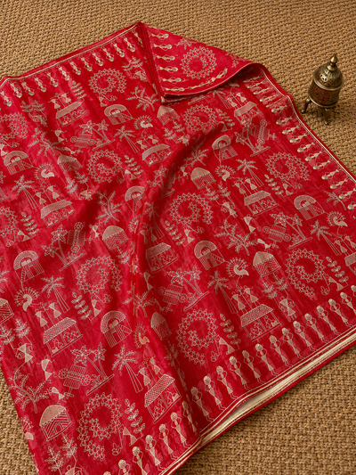 Parampara Silkmark Tussar Silk Embroidery Saree Crimson Red