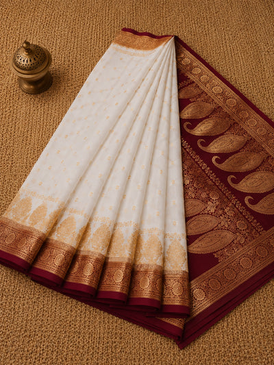 Madhubala Mashru Silk Brocade Saree Ivory White
