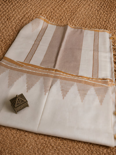 Indiehaat | Ivory White Pure Linen Temple Border Saree