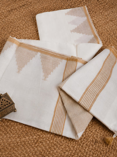 Indiehaat | Ivory White Pure Linen Temple Border Saree