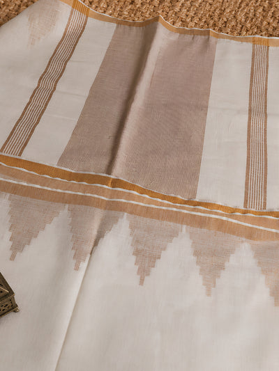Indiehaat | Ivory White Pure Linen Temple Border Saree