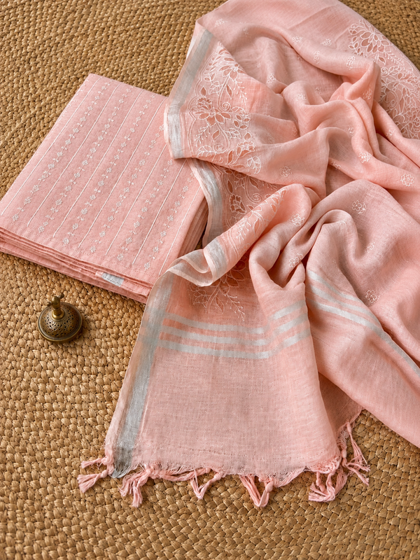 Indiehaat | Pure Linen Embroidered Suit (T+B+D) Peach