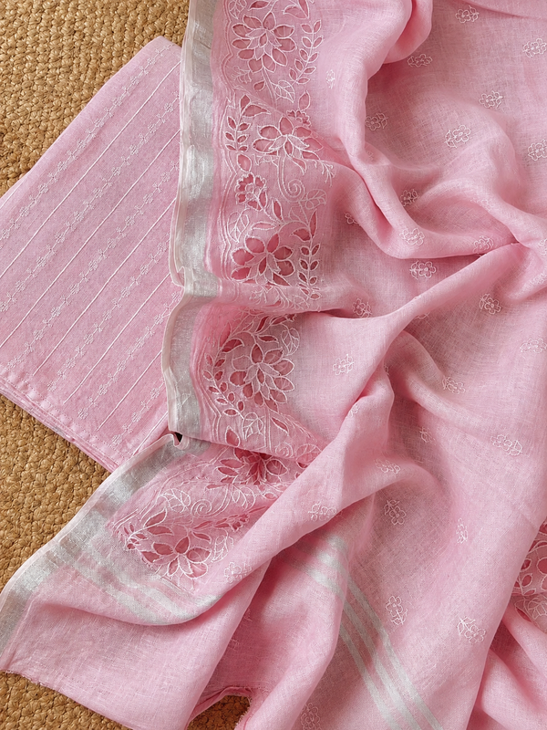 Indiehaat | Pure Linen Embroidered Suit (T+B+D) Pink