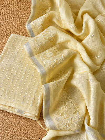 Saanvi Pure Linen Embroidered Suit (T+B+D) Butter Yellow