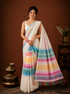 Indiehaat | Pure Handloom Mul Cotton Saree with Striped Pallu