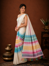 Indiehaat | Pure Handloom Mul Cotton Saree with Striped Pallu