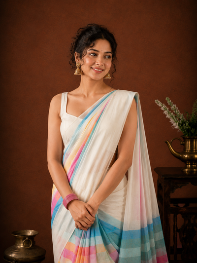 Indiehaat | Pure Handloom Mul Cotton Saree with Striped Pallu