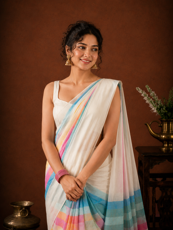 Indiehaat | Pure Handloom Mul Cotton Saree with Striped Pallu