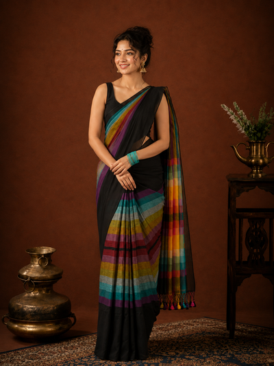 Indiehaat | Pure Handloom Mul Cotton Saree with Striped Pallu
