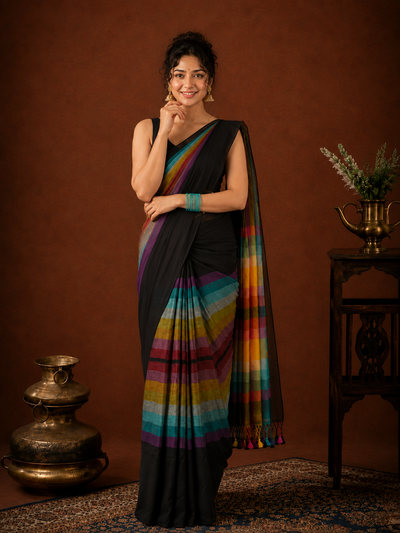 Indiehaat | Pure Handloom Mul Cotton Saree with Striped Pallu