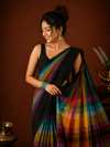 Indiehaat | Pure Handloom Mul Cotton Saree with Striped Pallu
