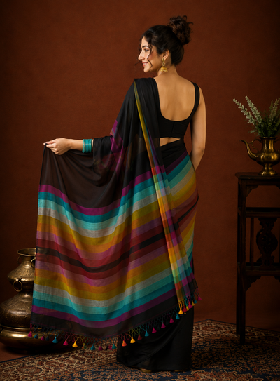 Indiehaat | Pure Handloom Mul Cotton Saree with Striped Pallu