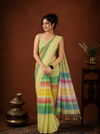 Indiehaat | Pure Handloom Mul Cotton Saree with Striped Pallu