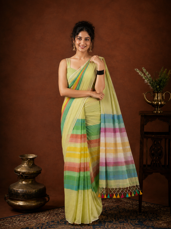 Indiehaat | Pure Handloom Mul Cotton Saree with Striped Pallu