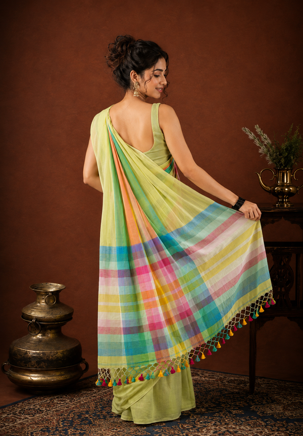 Indiehaat | Pure Handloom Mul Cotton Saree with Striped Pallu