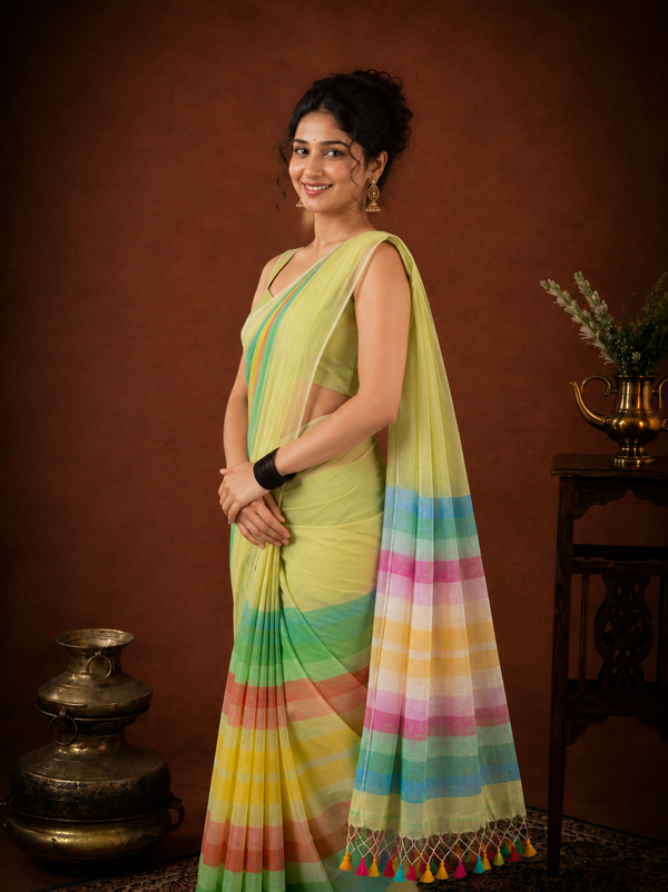Indiehaat | Pure Handloom Mul Cotton Saree with Striped Pallu