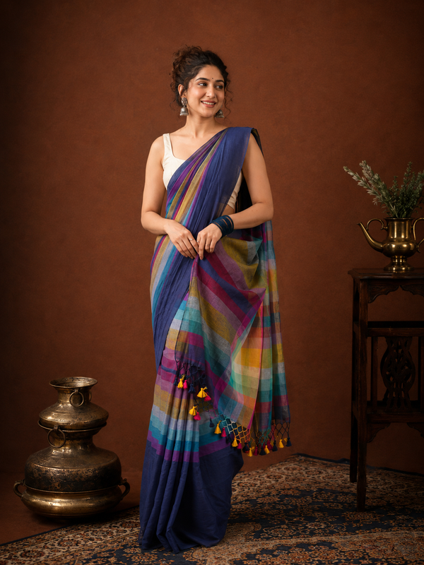 Indiehaat | Pure Handloom Mul Cotton Saree with Striped Pallu