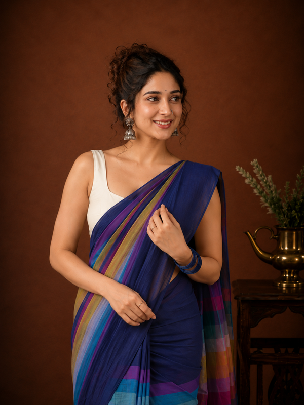 Indiehaat | Pure Handloom Mul Cotton Saree with Striped Pallu