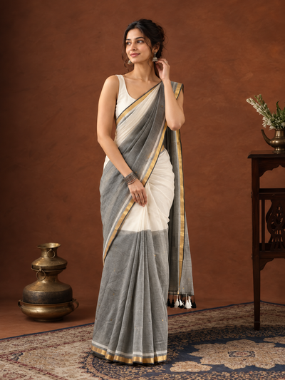 Aarohi Pure Handloom Mul Cotton Sequin Saree White & Gray