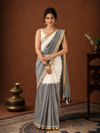 Indiehaat | Pure Handloom Mul Cotton Sequin Saree White & Gray