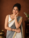 Indiehaat | Pure Handloom Mul Cotton Sequin Saree White & Gray