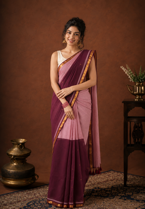 Indiehaat | Pure Handloom Mul Cotton Sequin Saree Red & Pink