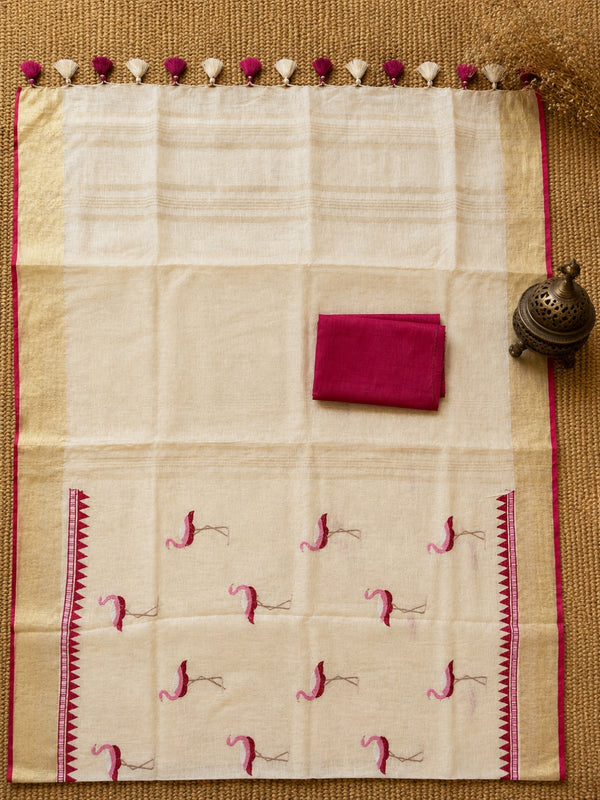 Indiehaat | Pure Linen Embroidered Saree Cream