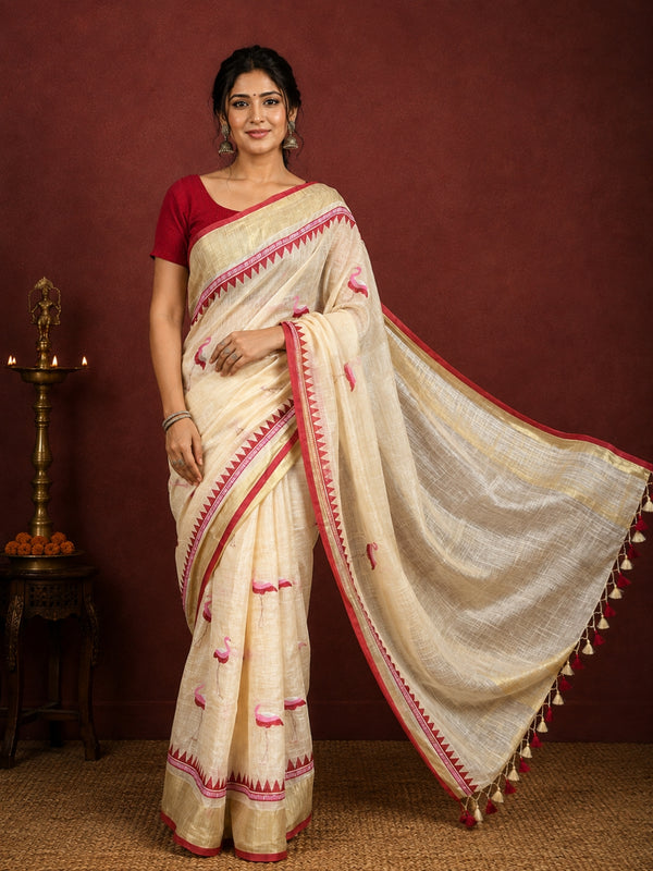 Indiehaat | Pure Linen Embroidered Saree Cream